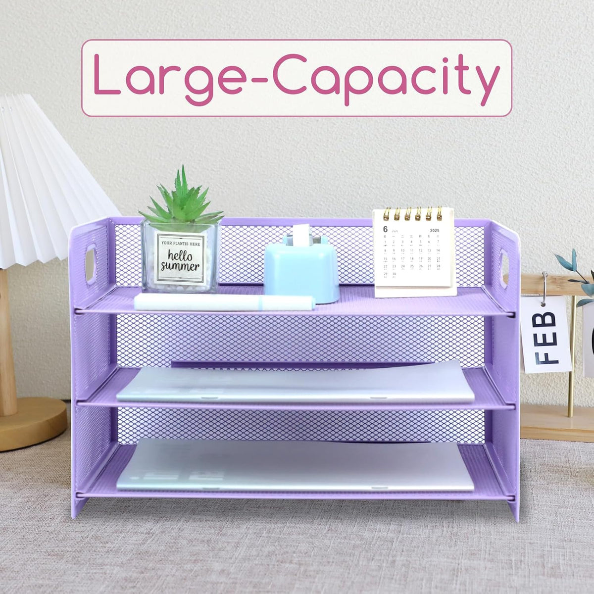 3 Tier Lettrer Tray Organizer with Handle, Metal Mesh Desk File Organizer with Sliding Trays, Paper Sorter Desk for Home Office School, Blue