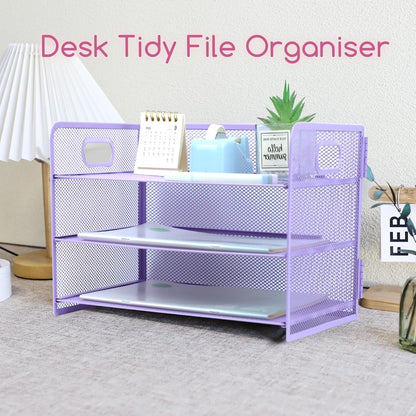 3 Tier Lettrer Tray Organizer with Handle, Metal Mesh Desk File Organizer with Sliding Trays, Paper Sorter Desk for Home Office School, Blue