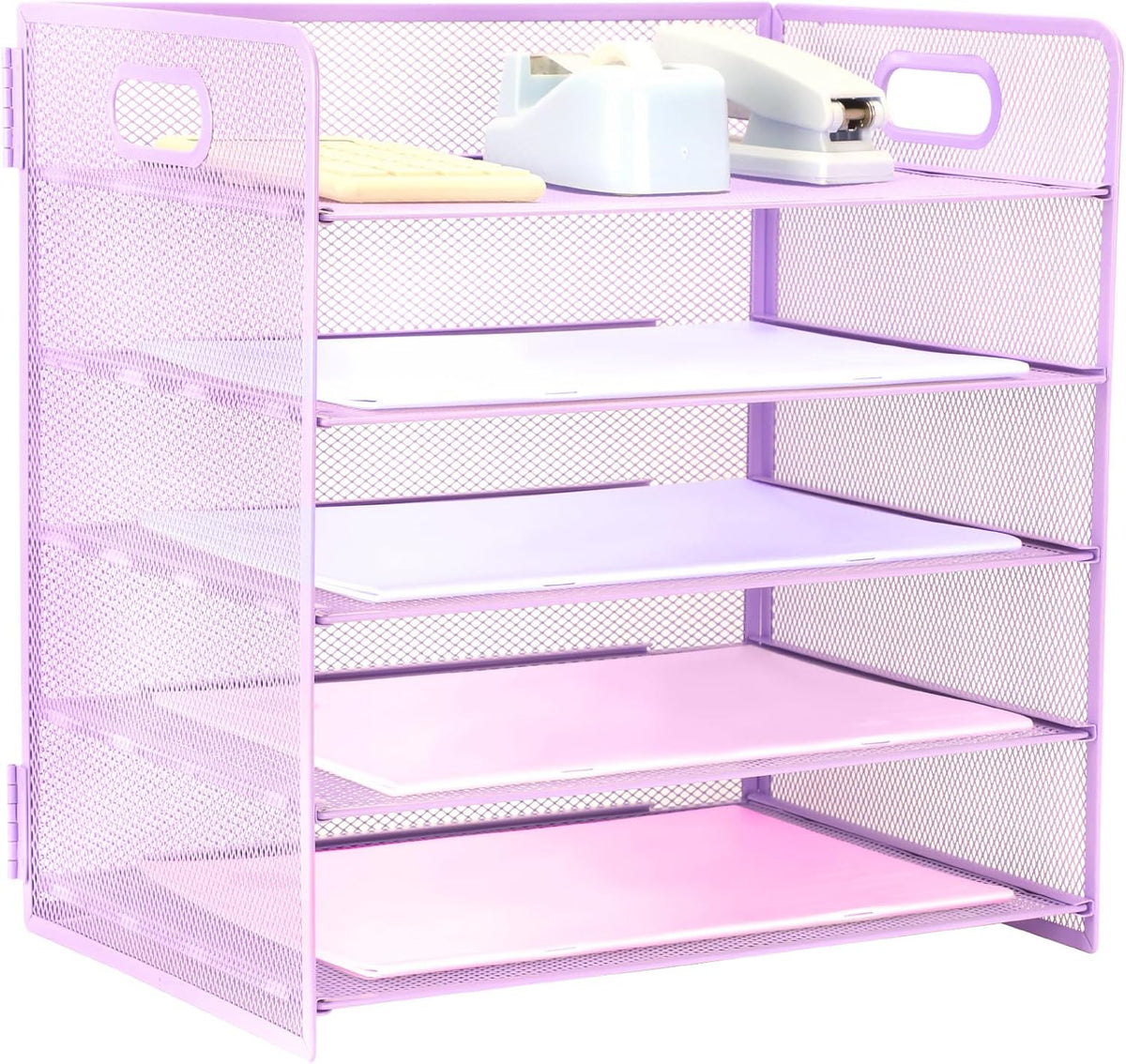 3 Tier Lettrer Tray Organizer with Handle, Metal Mesh Desk File Organizer with Sliding Trays, Paper Sorter Desk for Home Office School, Blue