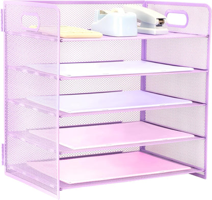 3 Tier Lettrer Tray Organizer with Handle, Metal Mesh Desk File Organizer with Sliding Trays, Paper Sorter Desk for Home Office School, Blue
