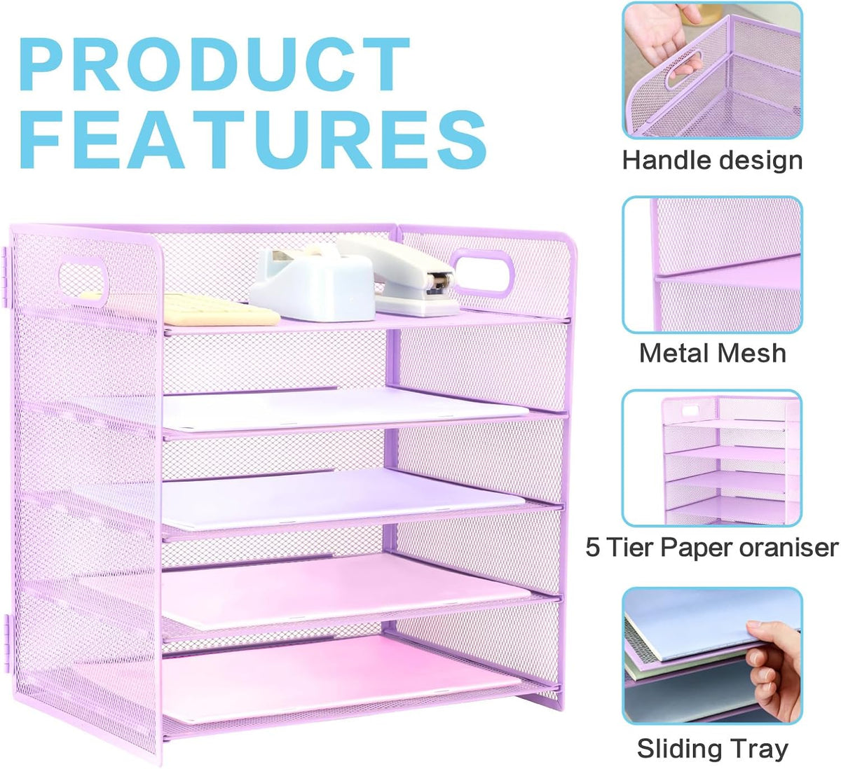 3 Tier Lettrer Tray Organizer with Handle, Metal Mesh Desk File Organizer with Sliding Trays, Paper Sorter Desk for Home Office School, Blue