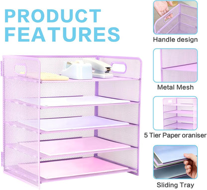 3 Tier Lettrer Tray Organizer with Handle, Metal Mesh Desk File Organizer with Sliding Trays, Paper Sorter Desk for Home Office School, Blue