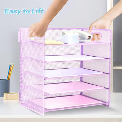 3 Tier Lettrer Tray Organizer with Handle, Metal Mesh Desk File Organizer with Sliding Trays, Paper Sorter Desk for Home Office School, Blue