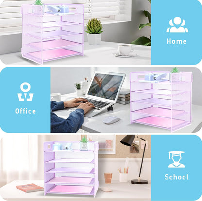 3 Tier Lettrer Tray Organizer with Handle, Metal Mesh Desk File Organizer with Sliding Trays, Paper Sorter Desk for Home Office School, Blue