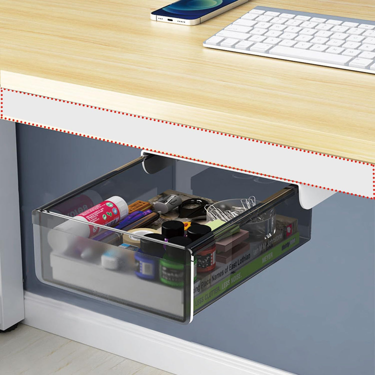 Upgrade Under Table Drawer with Lip, Office Attachable Plastic Desk Accessories & Workspace Organizers, Hidden Under Table Storage Organizer Pencil Tray Drawer Slide Out