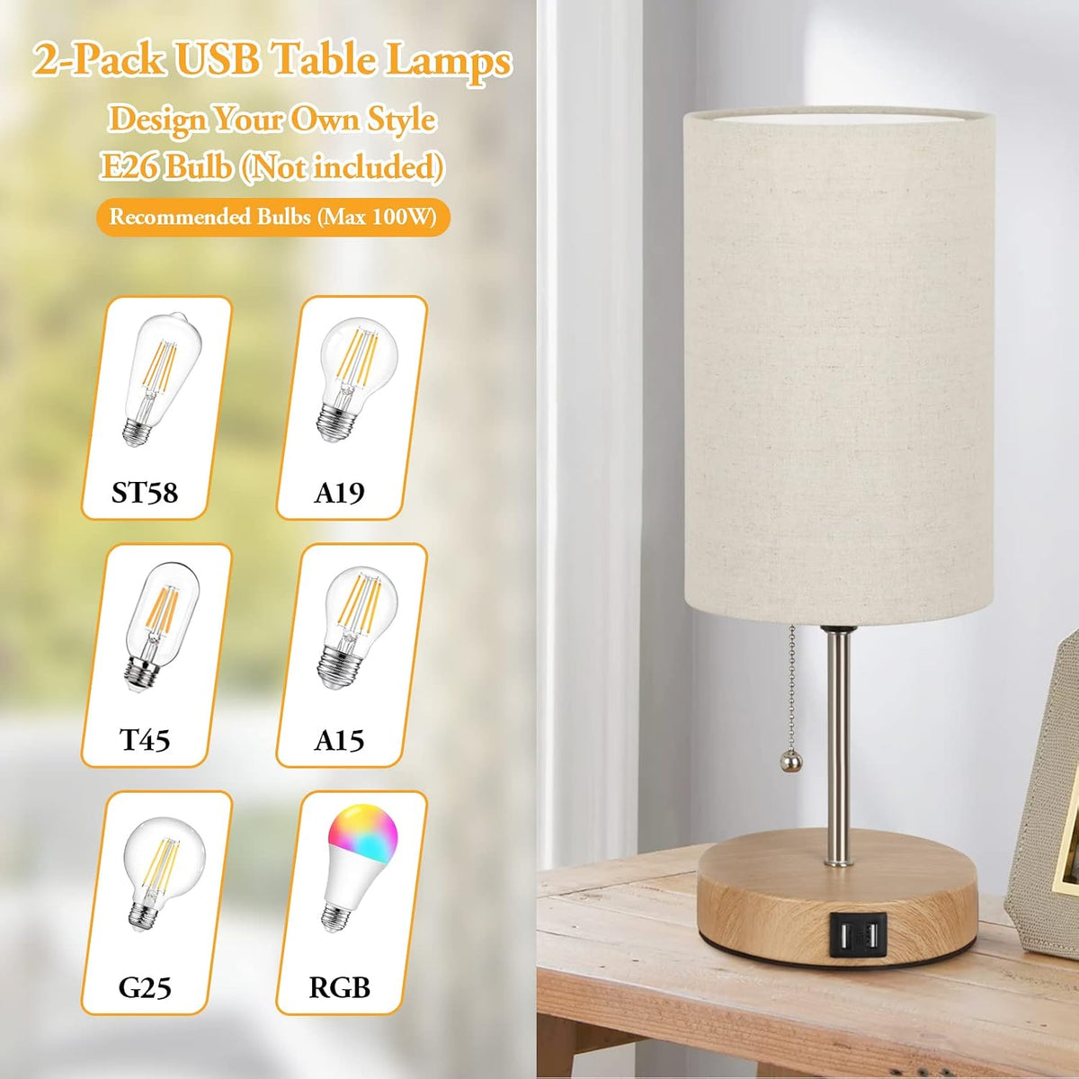 Set of 2 Table Lamps, Modern Bedside Desk Lamps with Pull Chain