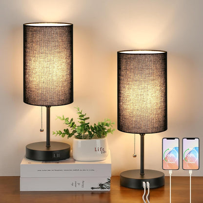 Set of 2 Table Lamps, Modern Bedside Desk Lamps with Pull Chain