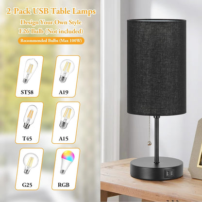 Set of 2 Table Lamps, Modern Bedside Desk Lamps with Pull Chain