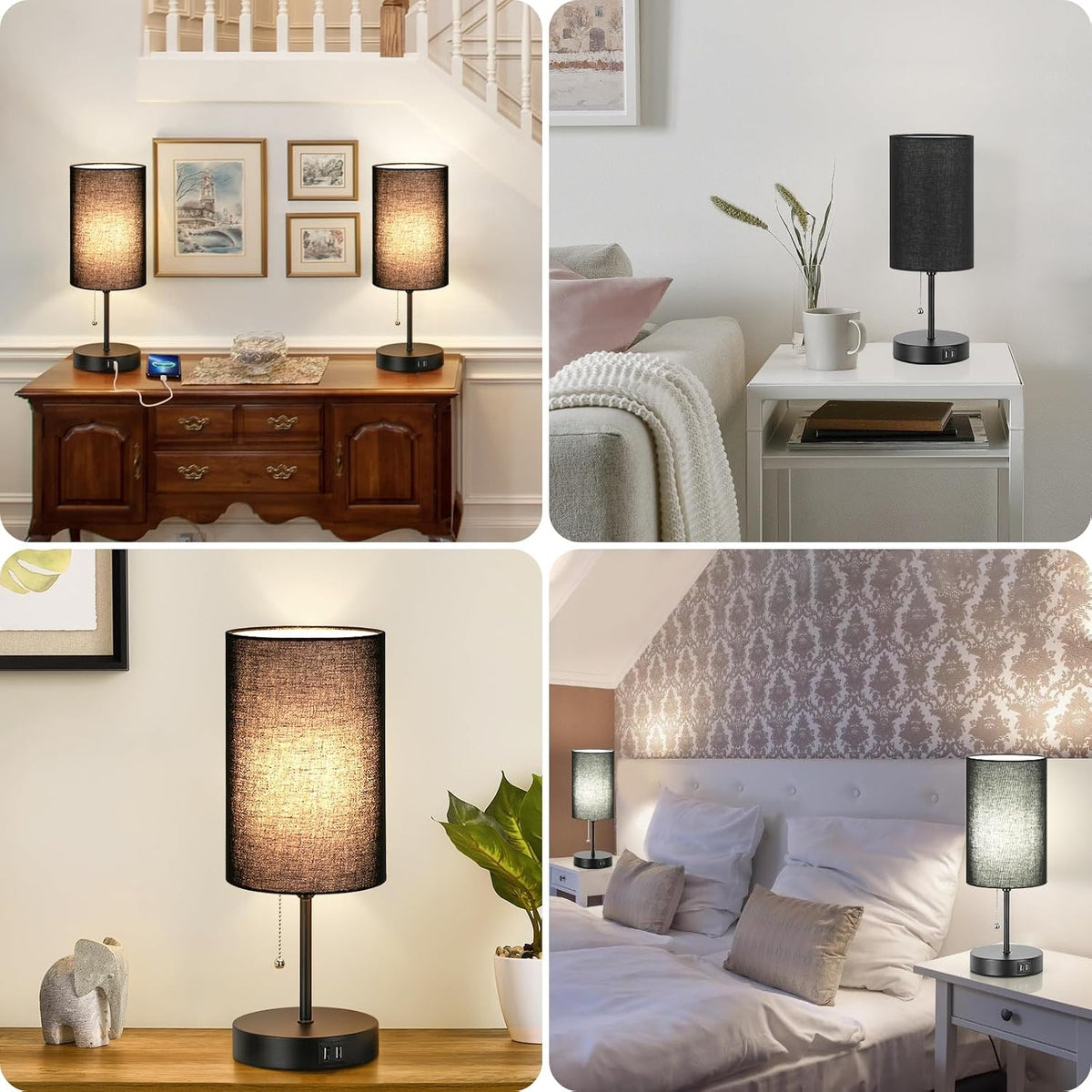 Set of 2 Table Lamps, Modern Bedside Desk Lamps with Pull Chain
