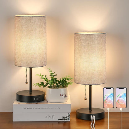Set of 2 Table Lamps, Modern Bedside Desk Lamps with Pull Chain