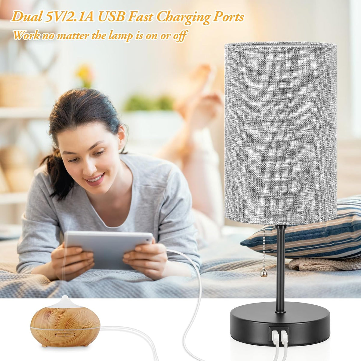 Set of 2 Table Lamps, Modern Bedside Desk Lamps with Pull Chain
