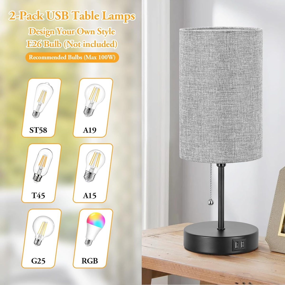Set of 2 Table Lamps, Modern Bedside Desk Lamps with Pull Chain