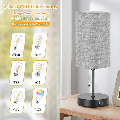 Set of 2 Table Lamps, Modern Bedside Desk Lamps with Pull Chain
