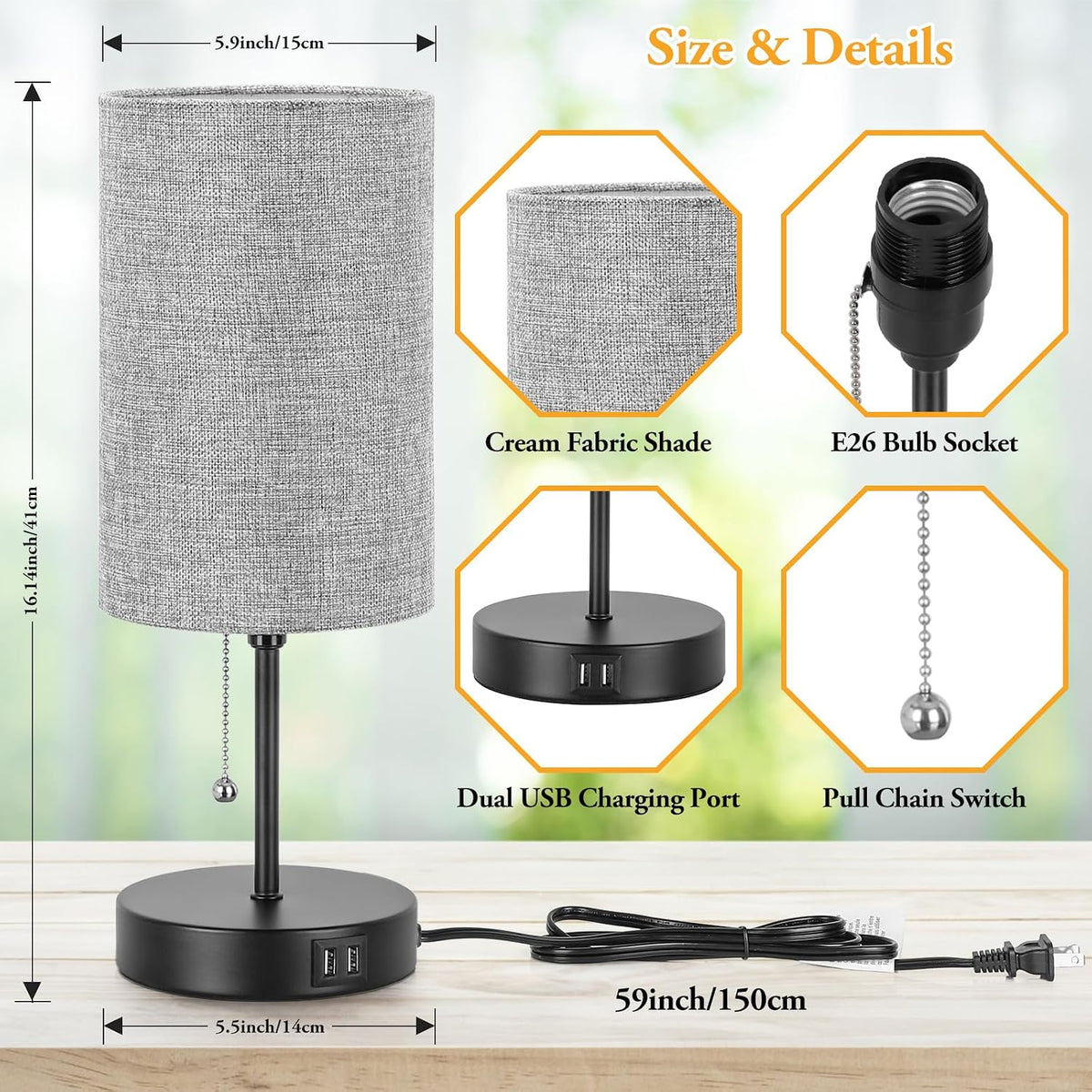 Set of 2 Table Lamps, Modern Bedside Desk Lamps with Pull Chain