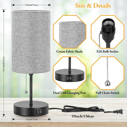 Set of 2 Table Lamps, Modern Bedside Desk Lamps with Pull Chain