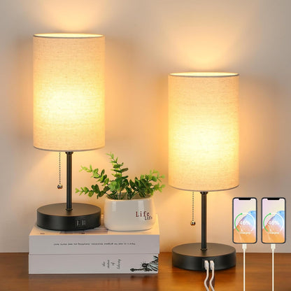 Set of 2 Table Lamps, Modern Bedside Desk Lamps with Pull Chain