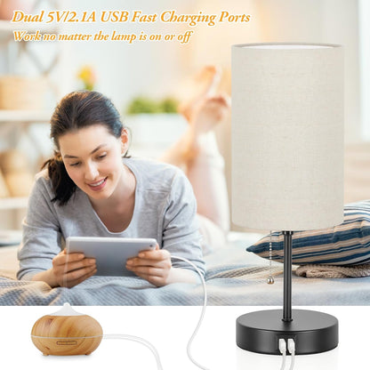 Set of 2 Table Lamps, Modern Bedside Desk Lamps with Pull Chain