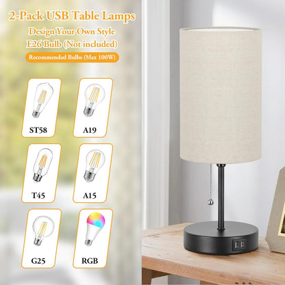 Set of 2 Table Lamps, Modern Bedside Desk Lamps with Pull Chain
