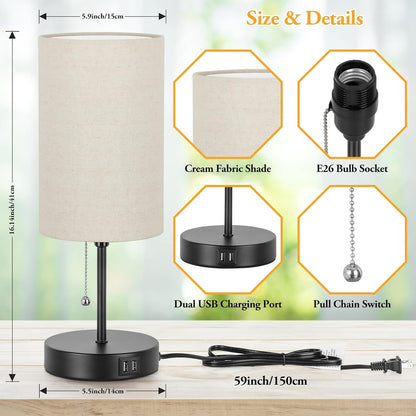 Set of 2 Table Lamps, Modern Bedside Desk Lamps with Pull Chain