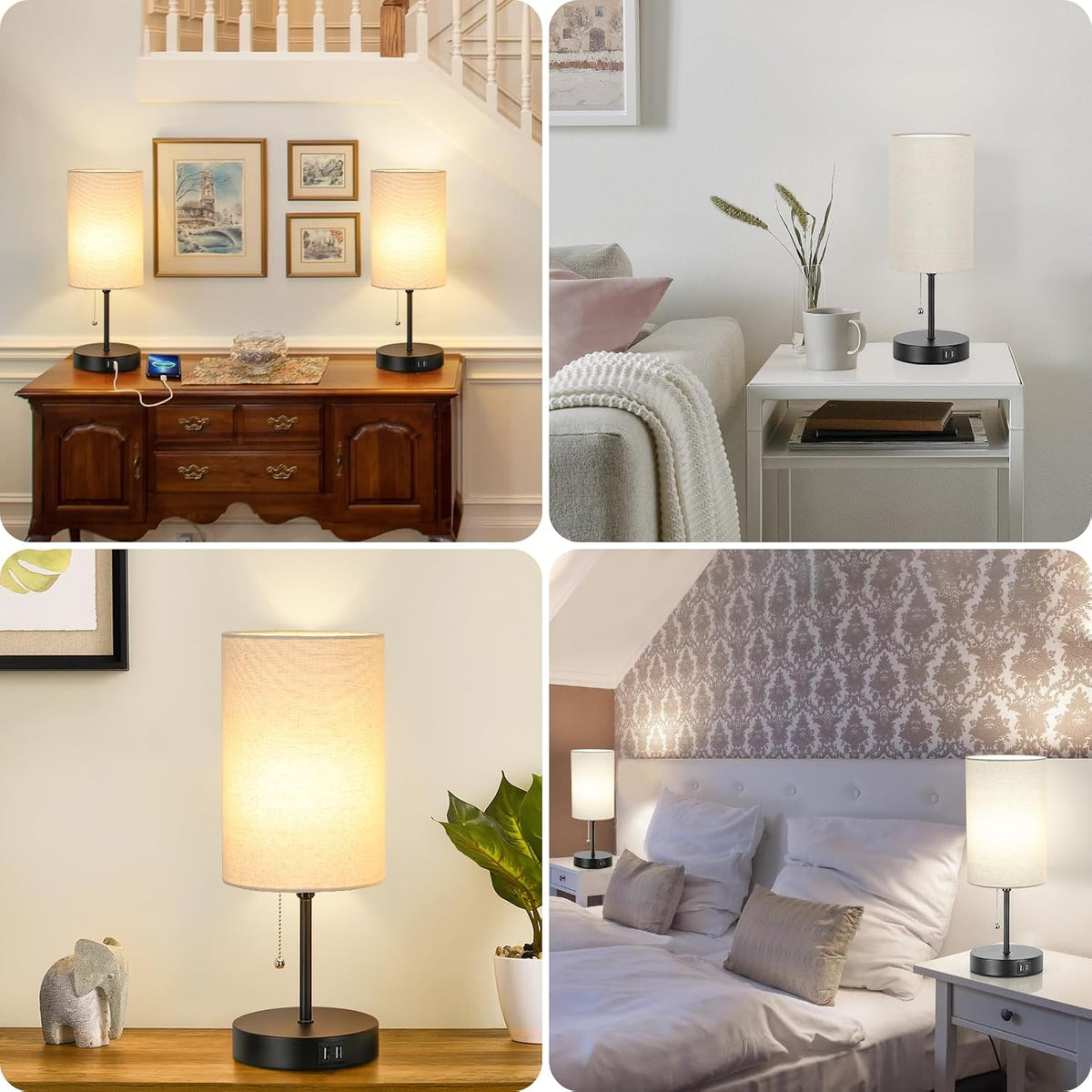 Set of 2 Table Lamps, Modern Bedside Desk Lamps with Pull Chain