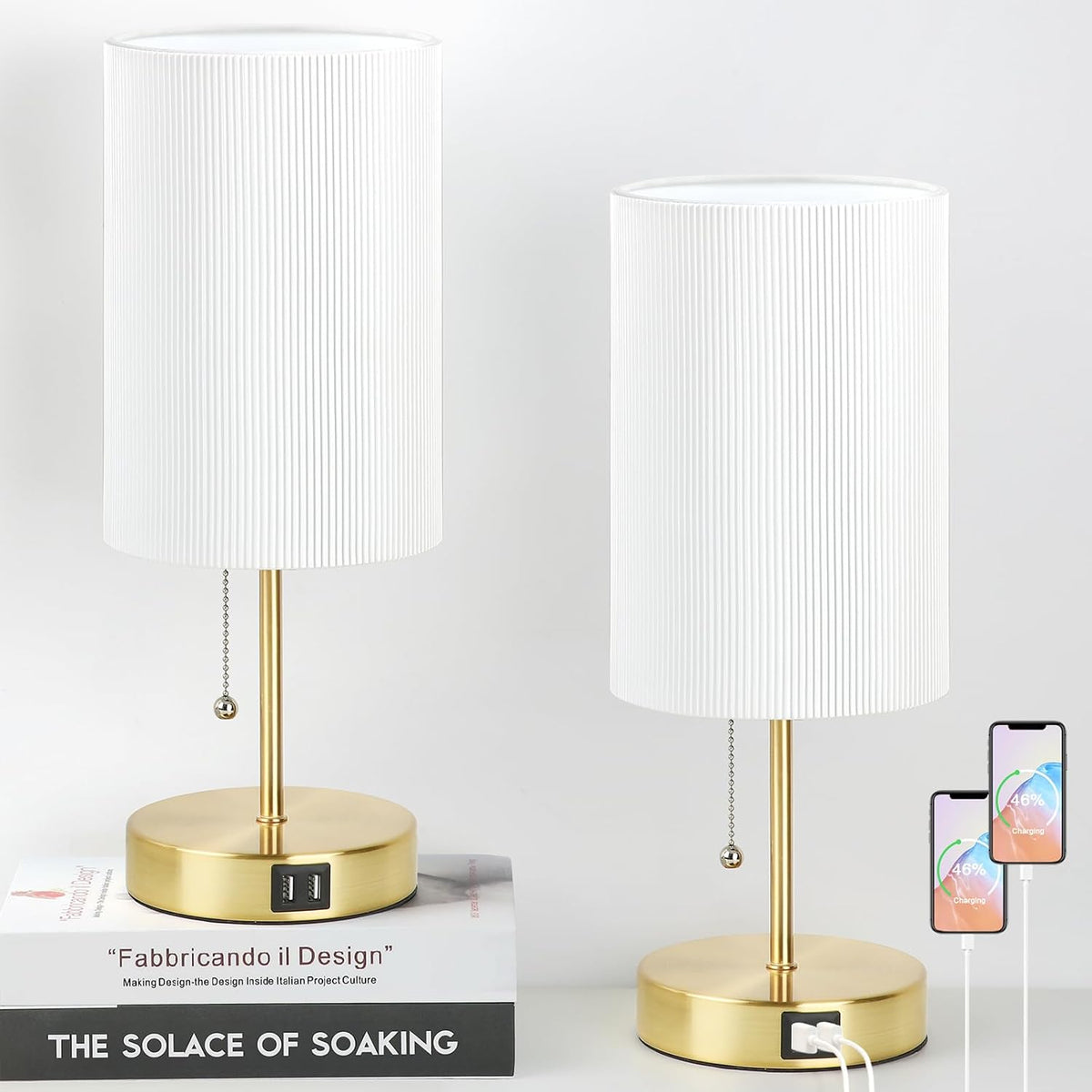 Set of 2 Table Lamps, Modern Bedside Desk Lamps with Pull Chain