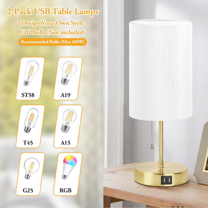 Set of 2 Table Lamps, Modern Bedside Desk Lamps with Pull Chain