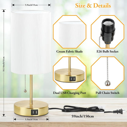 Set of 2 Table Lamps, Modern Bedside Desk Lamps with Pull Chain