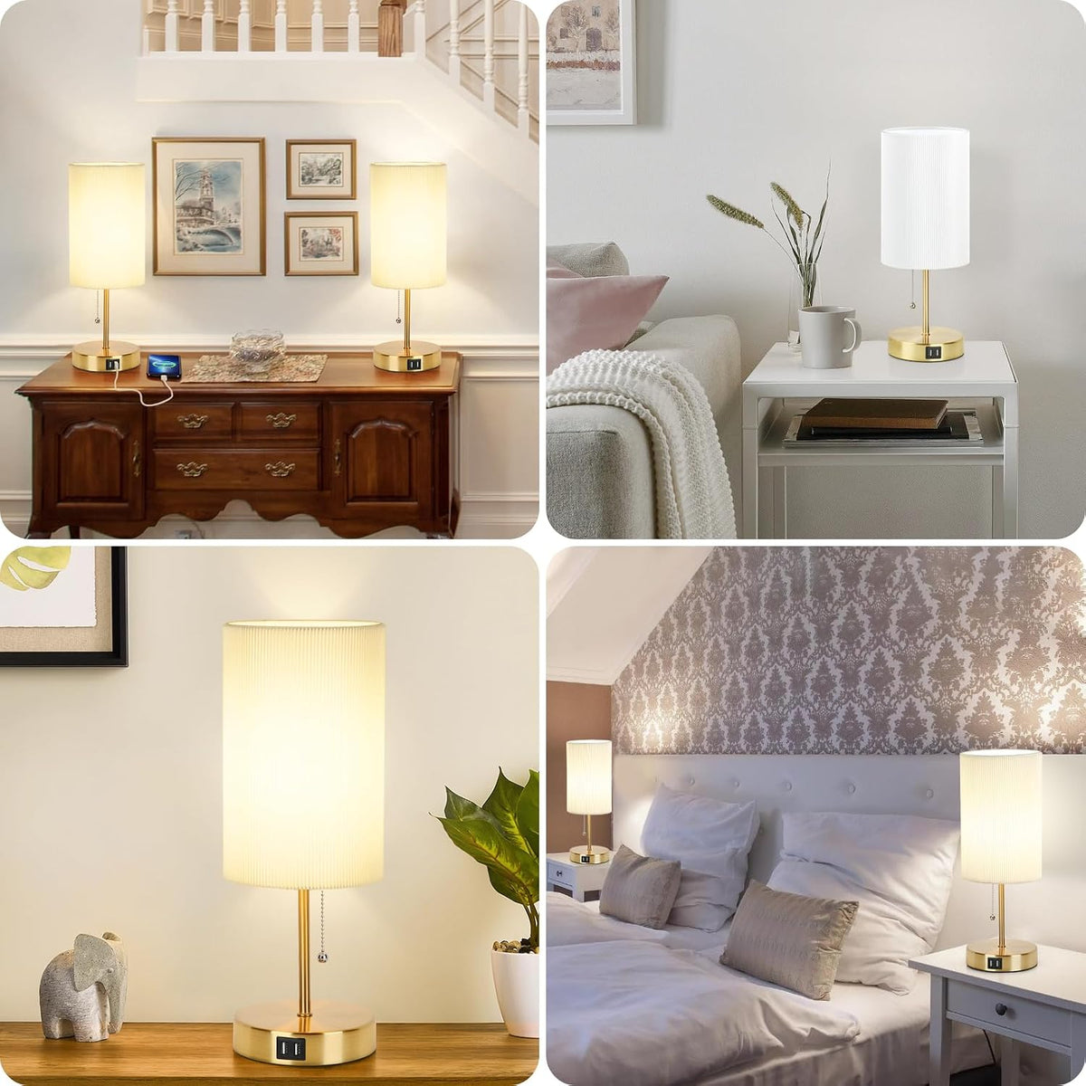 Set of 2 Table Lamps, Modern Bedside Desk Lamps with Pull Chain